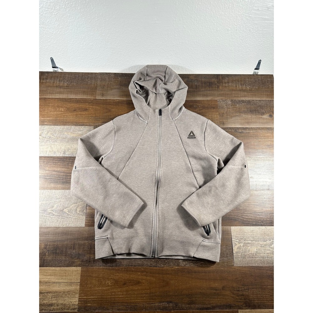 Reebok Mens Full Zip Hoodie Tan Heathered Tech Fleece Jacket Bonded Pockets